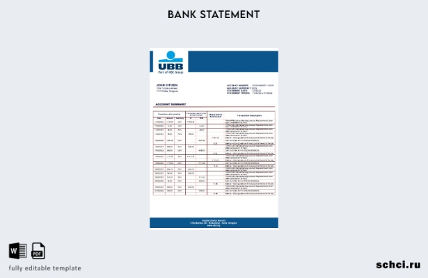 скачать цифровую версию шаблона выписки по банковскому счету UBB в Болгарии
